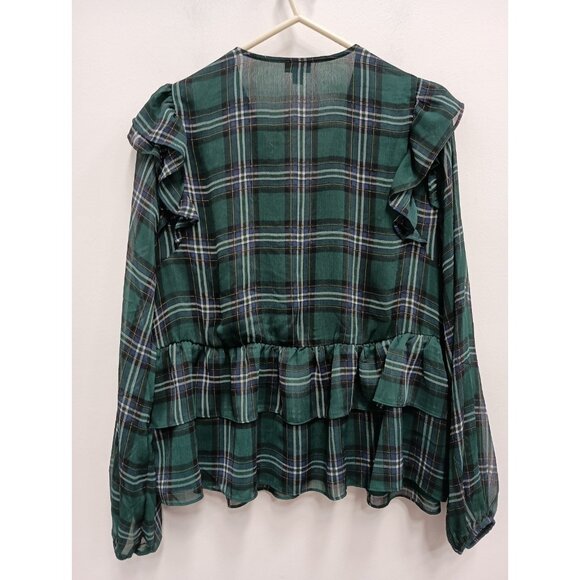 Torrid BOHO Top Size 2X Green Plaid Chiffon Ruffle Long Sleeve Peplum Crop - Picture 8 of 11